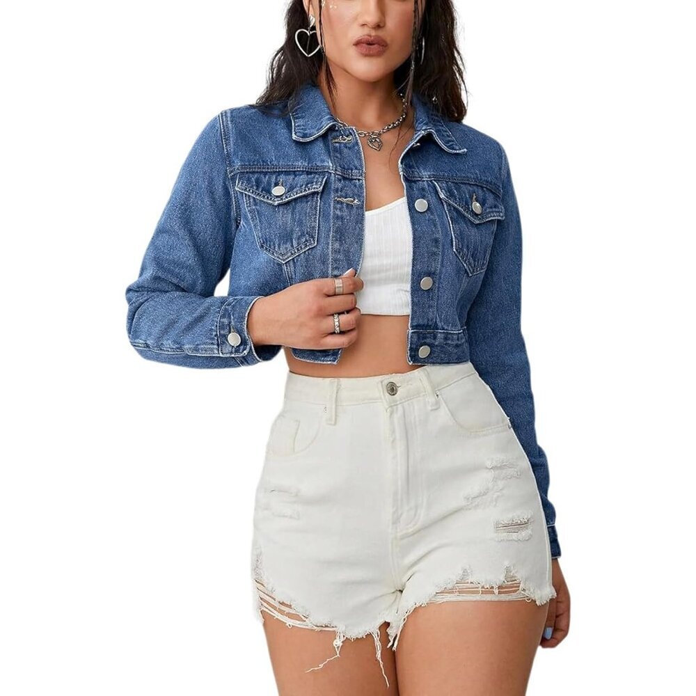 Cropped Jean Jacket Women Long Sleeve Denim Casual Lightweight Fall Spring